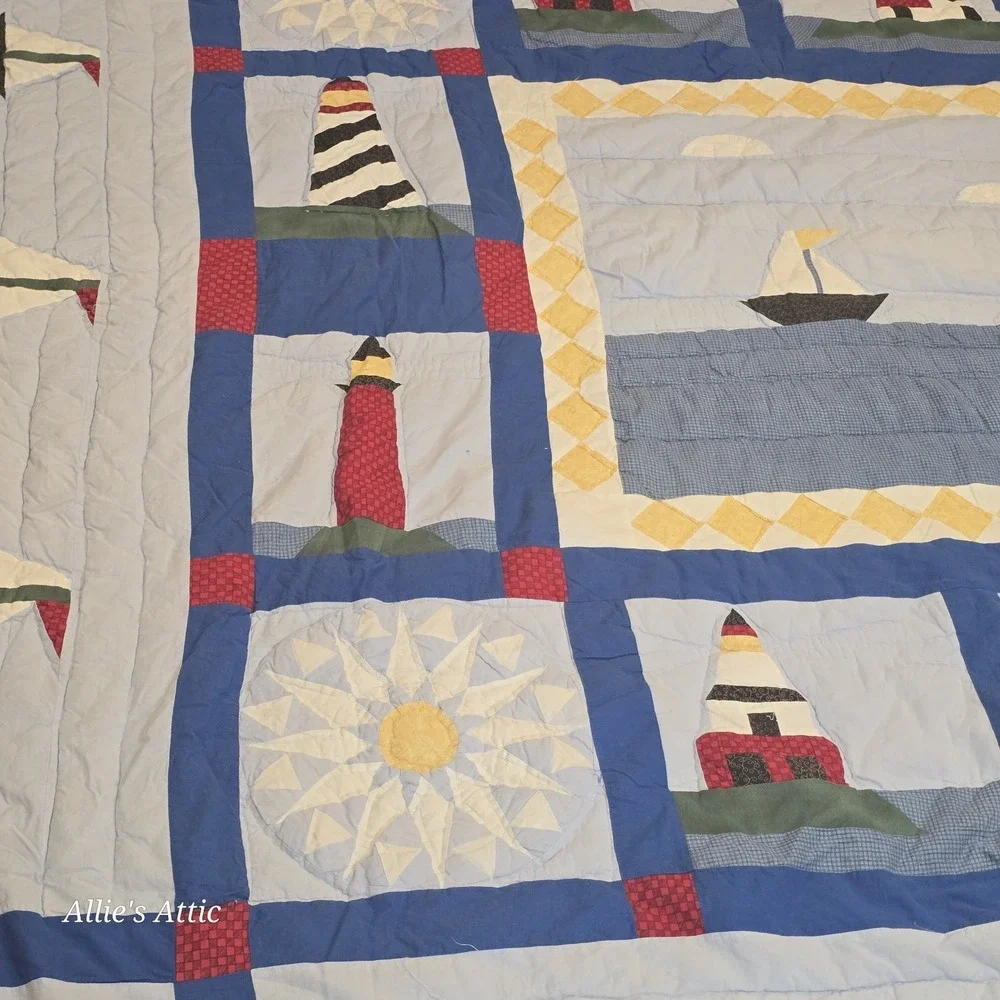 Nautical Blanket Quilt Lighthouse Beach Boat Blue Red Black Queen Size Duvet